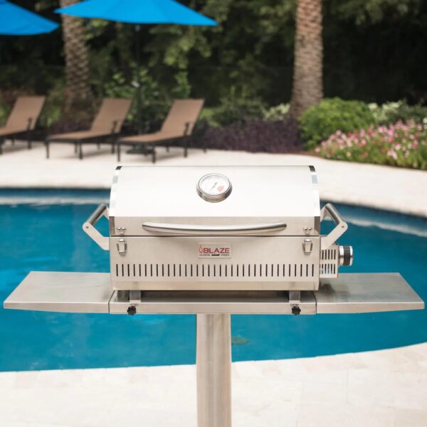 Blaze Professional Marine Grade Portable Propane Gas Grill On Pedestal With Side Shelves
