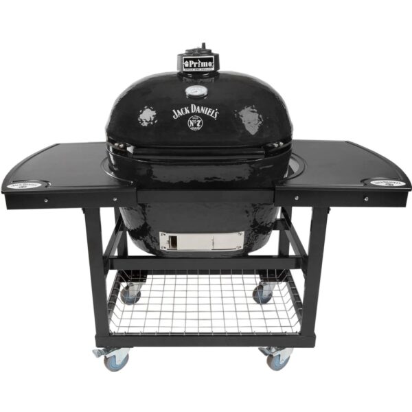 Primo Jack Daniels Edition Oval XL 400 Ceramic Kamado Grill On Steel Cart With 2-Piece Island Side Shelves And Stainless Steel Grates - 900