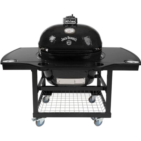 Primo Jack Daniels Edition Oval XL 400 Ceramic Kamado Grill On Steel Cart With 1-Piece Island Side Shelves, Cup Holders, and Stainless Steel Grates - 900