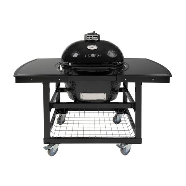 Primo Oval Large 300 Ceramic Kamado Grill On Steel Cart With 2-Piece Island Side Shelves And Stainless Steel Grates - 775