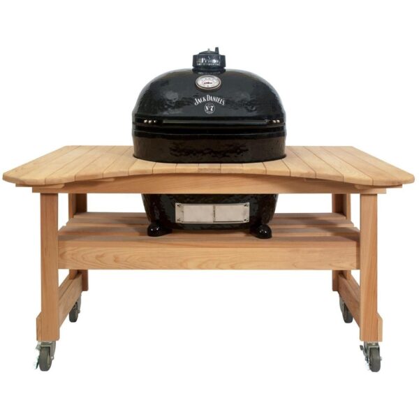 Primo Jack Daniels Edition Oval XL 400 Ceramic Kamado Grill On Curved Cypress Table With Stainless Steel Grates - 900