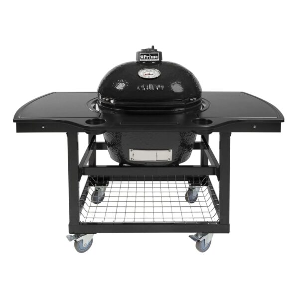 Primo Oval Large 300 Ceramic Kamado Grill On Steel Cart With 1-Piece Island Side Shelves, Cup Holders, And Stainless Steel Grates - 775